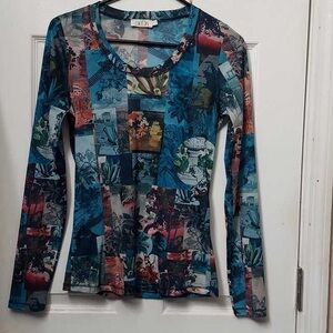 Dex Blue and Red Patterned Long Sleeve Top